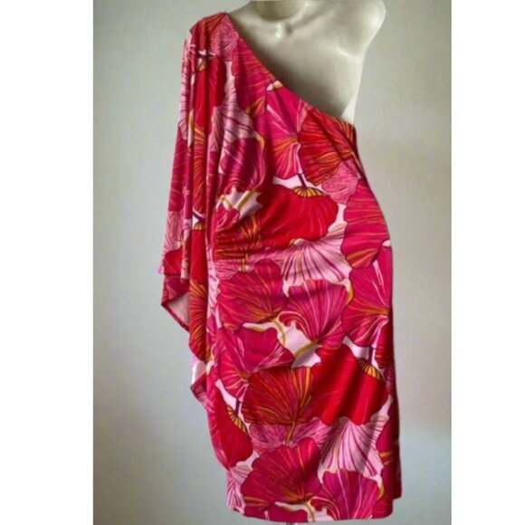 Trina Turk Mini Dress 12 Pink One Shoulder Floral Ruched Draped Bodycon - Picture 4 of 5